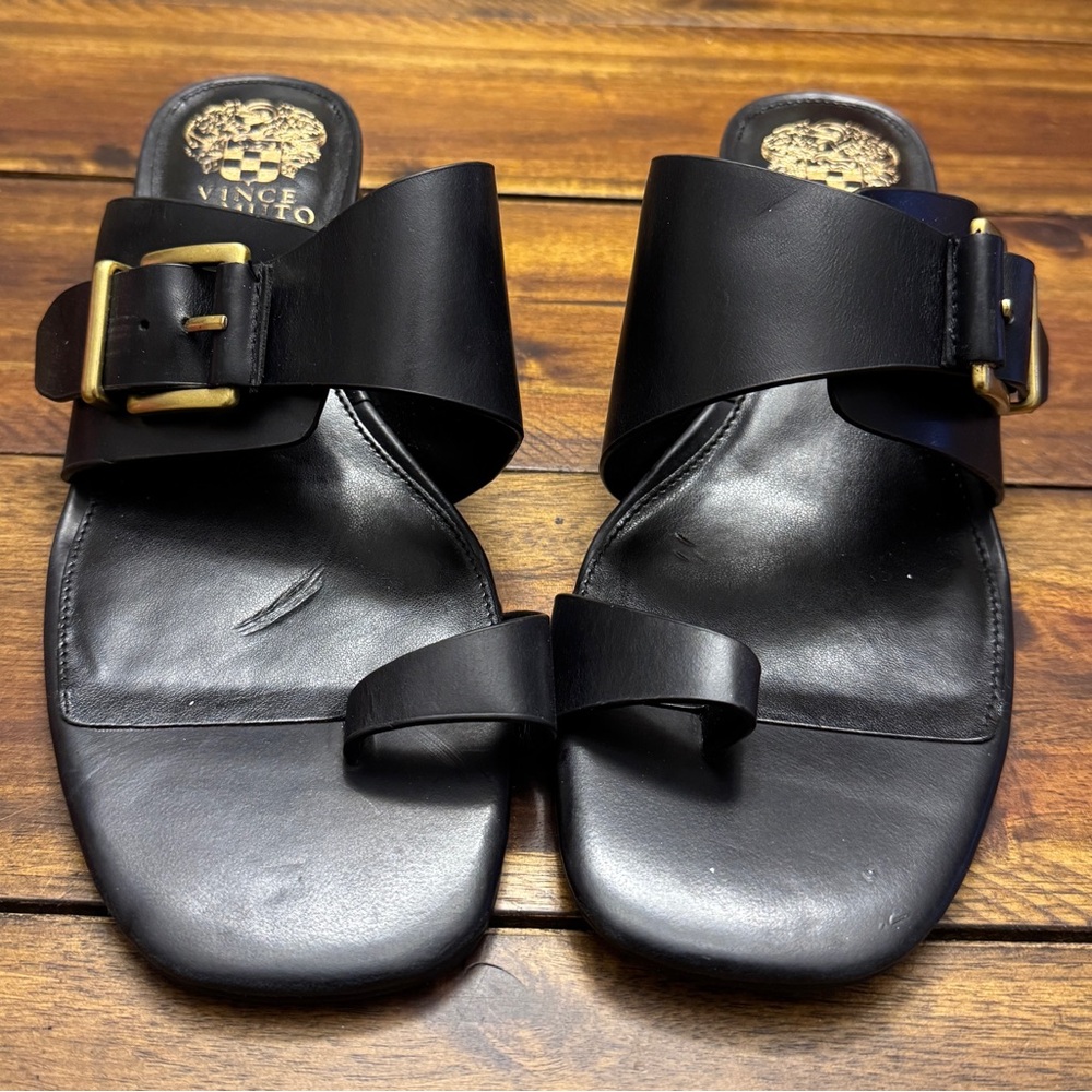 Black Leather Slide Sandals with Gold Buckle